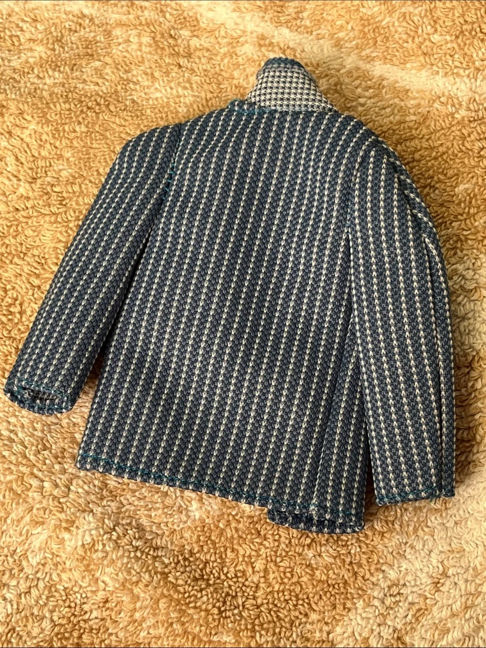Blue Patterned Kids Doll Jacket with Yellow Pocket Accent